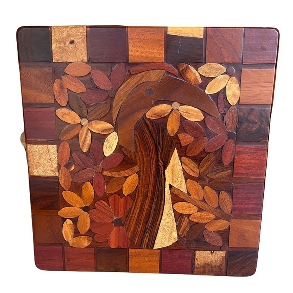 🖤Art Deco Marquetry Inlaid Wood Board Tropical Toucan Bird and Flowers - Picture 1 of 7